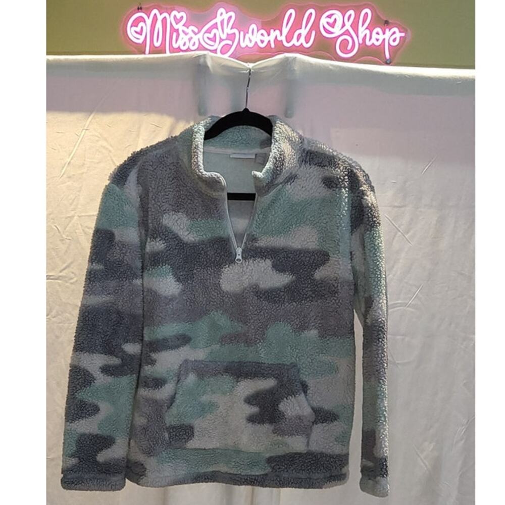 Girl's Active Long Sleeve Sherpa Half Zip Camo Sweater Size 16